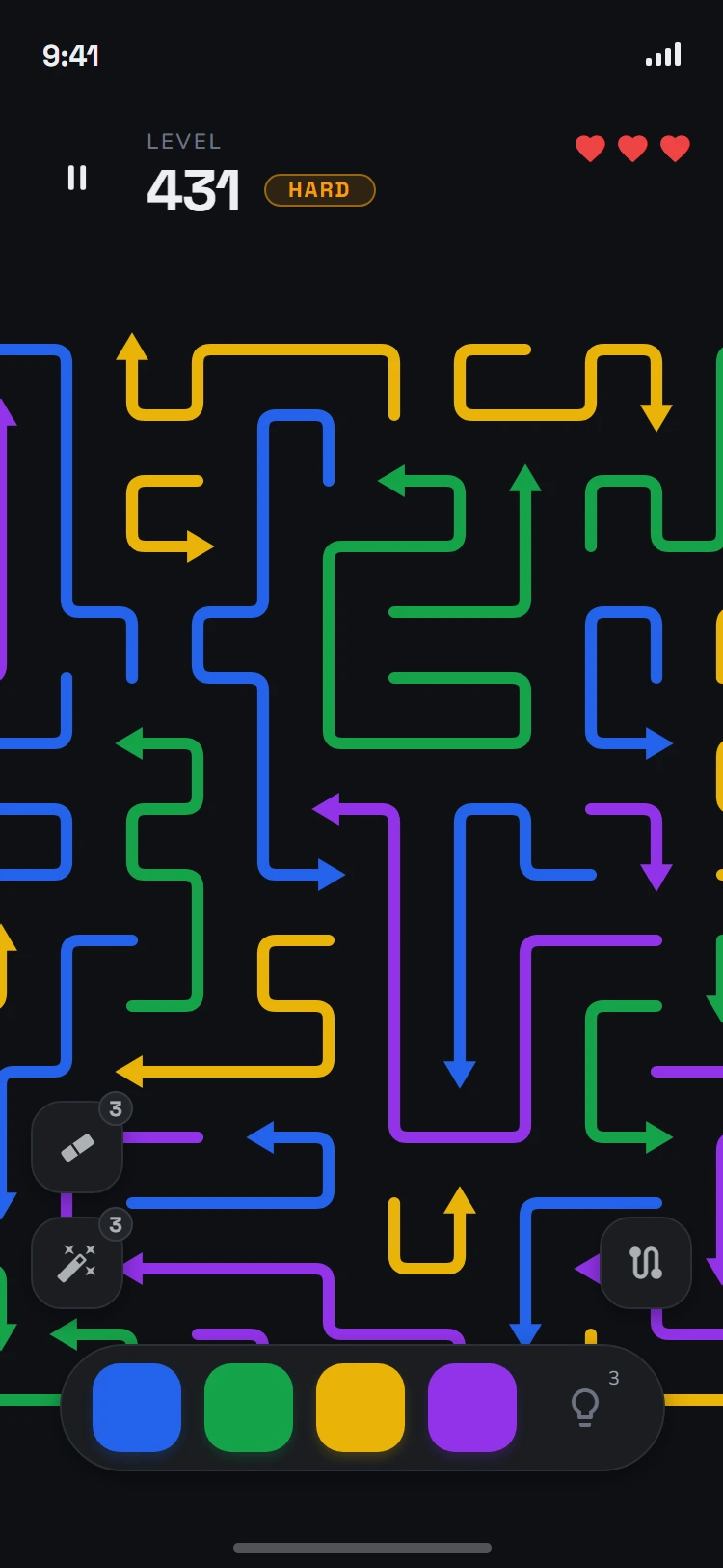 Arrows: Color Maze, Level 431: a grid packed with interlocking blue, green, yellow and purple arrows glowing against a near-black board, three lives, and the colour selector at the bottom